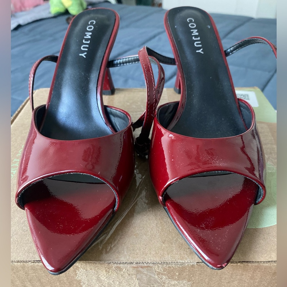 Amazon Red Patent Pointed-Toe Slingback Heels by Comjuy